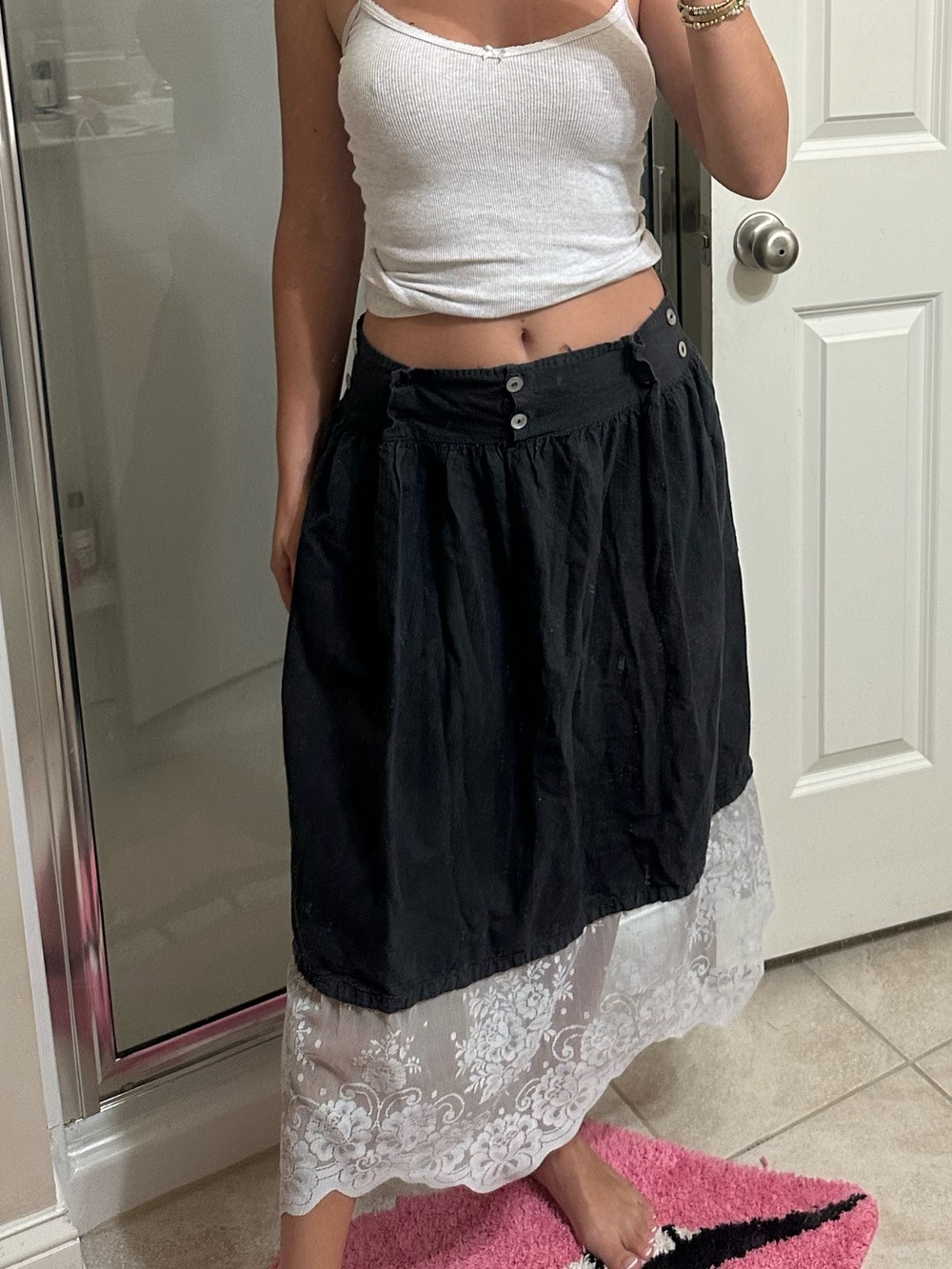 Black and White Lace Hem Midi Skirt - Women's